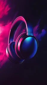 Neon Headphones Against Luminous Magenta and Cyan Gradient Background