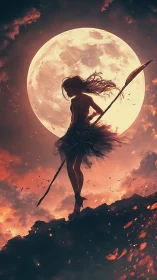 Backlit warrior silhouette stands before oversized lunar disc