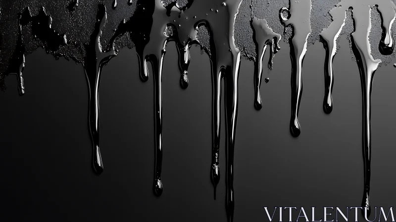 Viscous black liquid drips on matte dark surface, macro view
