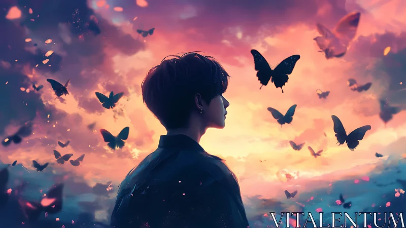 Soft dusk sky welcomes a quiet dreamer among gentle butterflies