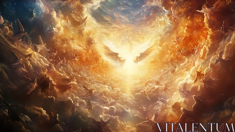 Heavenly host encircling radiant central light portal.