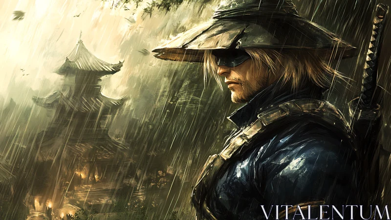 Lone masked wanderer stands watch in storm swept temple rain