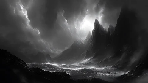 Monochrome storm-swept abyssal valley channels dramatic light