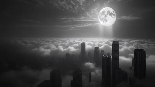 Moonlit monochrome city skyline rises through dense clouds