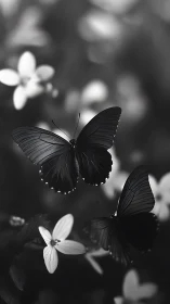 Monochrome macro study of two butterflies over soft bokeh field