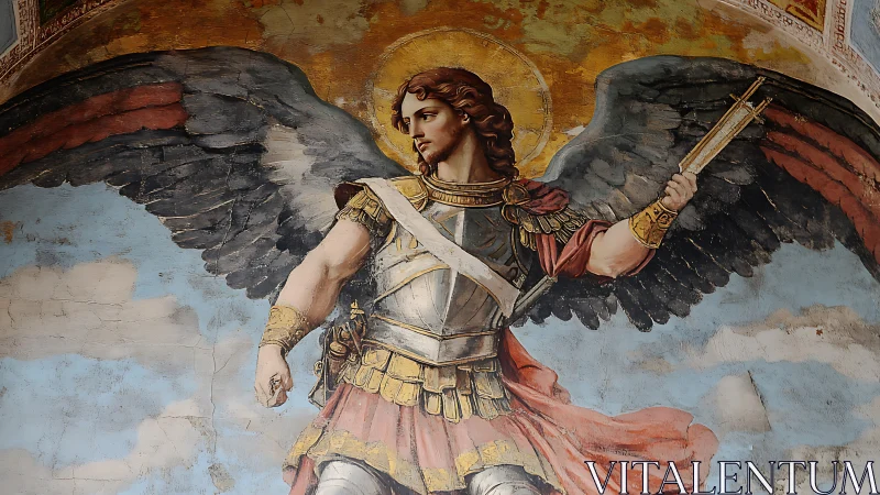 Winged armored figure with halo in classical wall fresco.