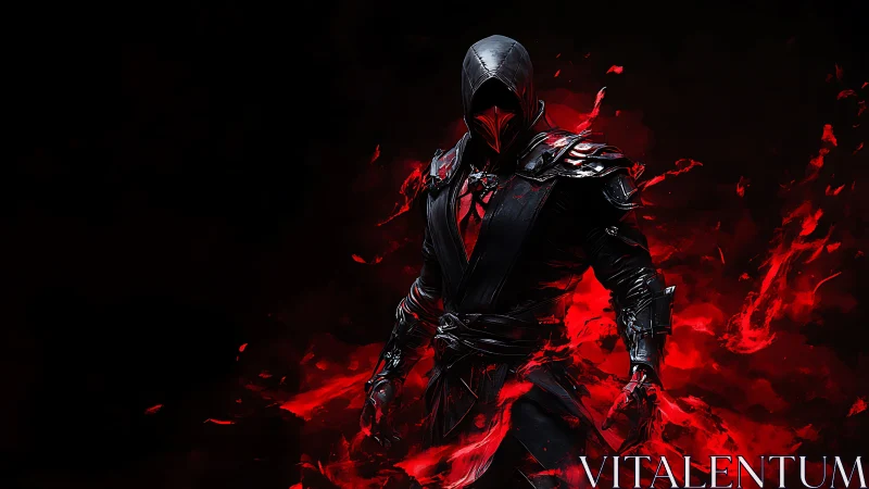 Hooded dark warrior emerges from infernal red energy field