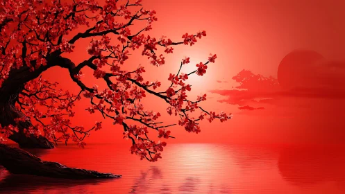 Gentle cherry blossoms glowing in a dreamlike red sunset.