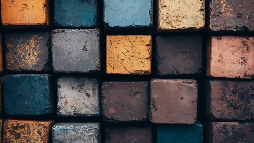 Weathered colored concrete blocks in tight grid layout.