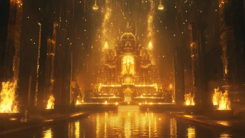 Golden temple blazes amid falling embers in a fiery sanctuary.