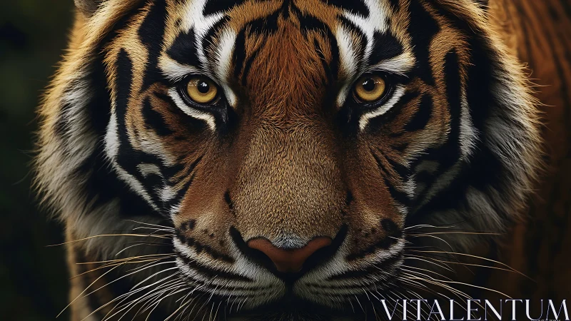 Tiger portrait shows intense gaze and rich facial markings.