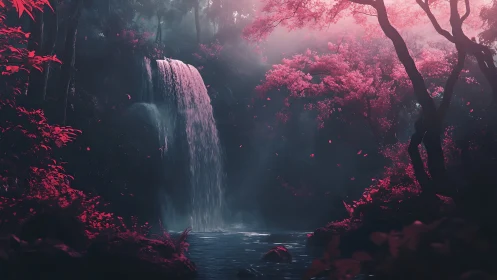 Velvet twilight waterfall amid neon-blooming dreamwoods.