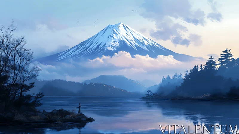 Snowcapped mountain rises gently above a tranquil blue lake