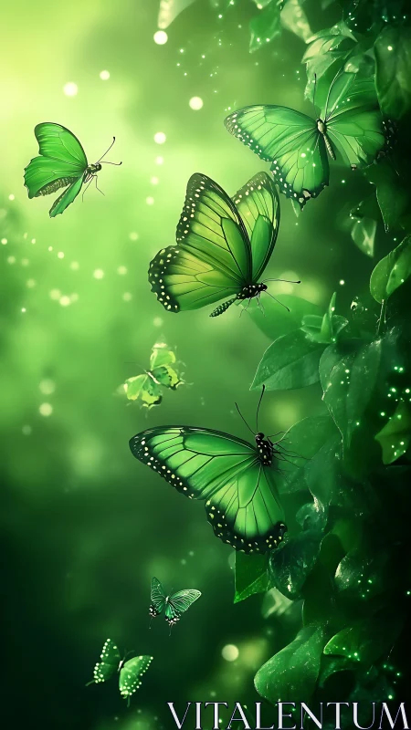 Digital painting of emerald butterflies in luminous foliage field.