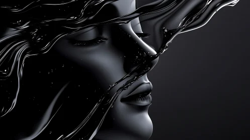 Fluid-sculpted monochrome face with reflective liquid dynamics