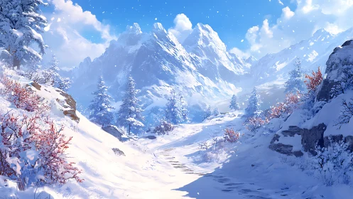 Snowy mountain valley glows under a clear winter sky.
