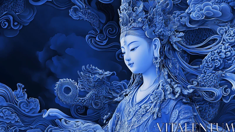 Celestial guardian drifts through sapphire clouds with dragons