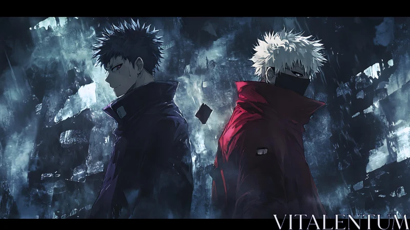 Two anime fighters stand back to back in a dark ruined city