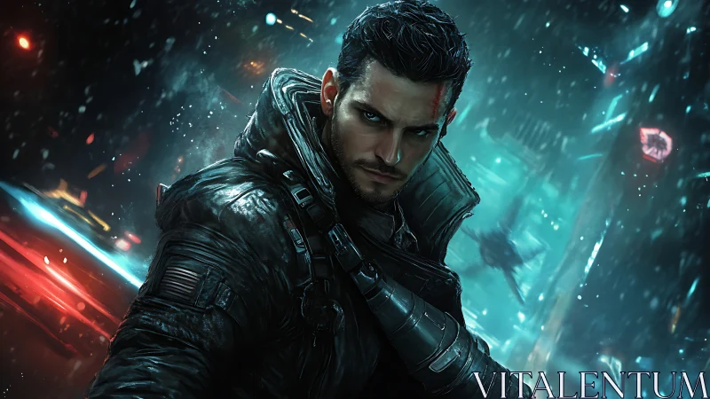 Brooding cyberpunk warrior stands defiant in neon storm