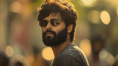 Bearded man in sunglasses under golden bokeh streetlight glow.