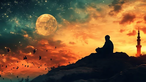 Moonlit prayers drift upward through a sky of blazing dusk