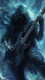 Hooded spectral guitarist rendered in turbulent cyan energy field