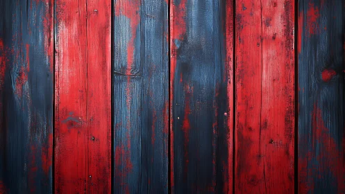 Weathered red and blue wooden planks create bold rustic drama