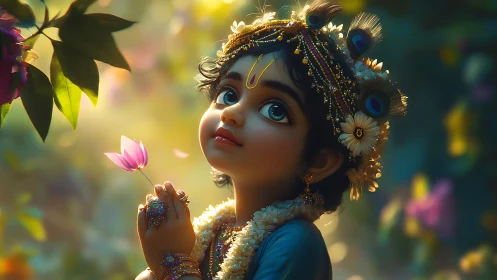 Child deity style character holding pink flower outdoors.