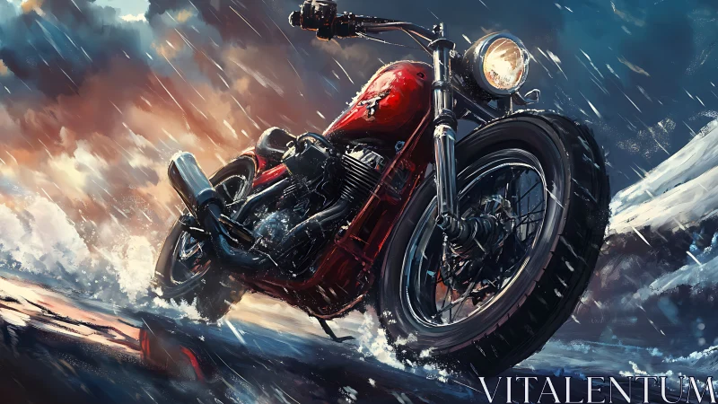 Red motorcycle traverses wet terrain under heavy rainfall