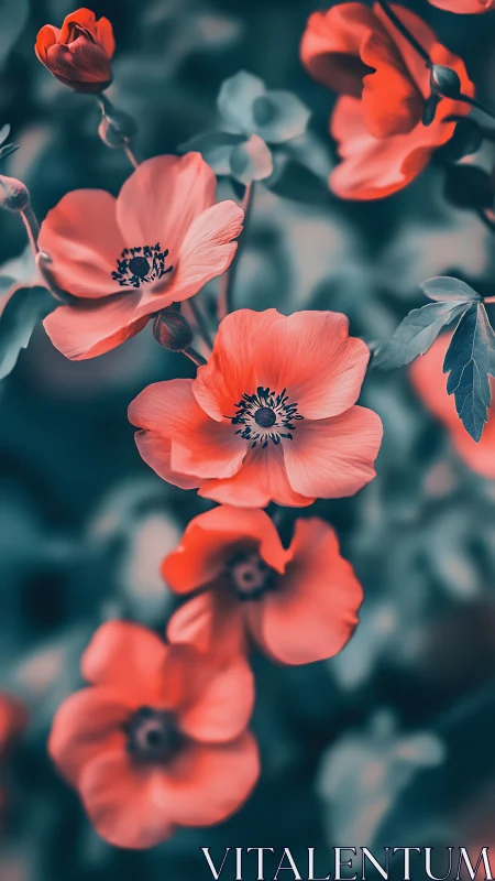 Coral Anemones Backlit Against Teal Foliage Blur