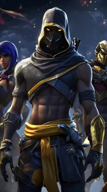 Hooded armored fighter stands centered with two allies