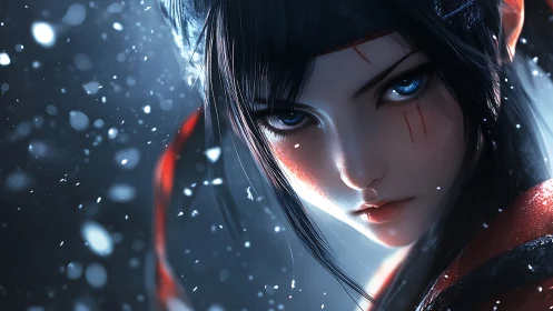 Snowlit warrior close-up with high-contrast anime rendering.