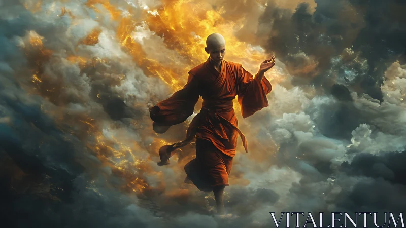 Monk in orange robes walks through dense illuminated clouds