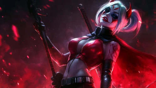 Demonic warrior portrait in high-contrast neon red lighting