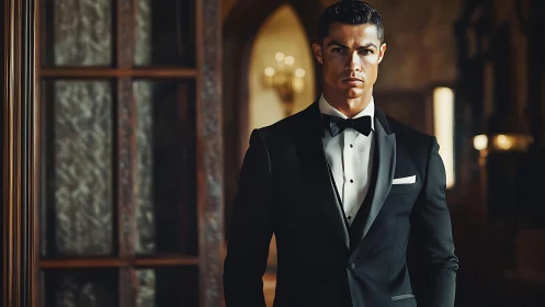 Elegant man in tuxedo standing in softly lit hallway.