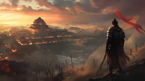 Cinematic digital painting of lone samurai over burning citadel.