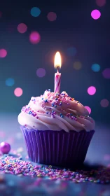 Illuminated Birthday Cupcake with Bokeh Lights.