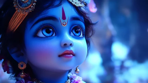 Blue divine child gazes upward in jewel-bright wonderment.