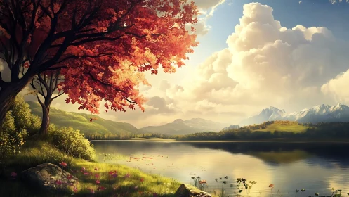 Sunlit lake landscape with red tree and distant mountains.