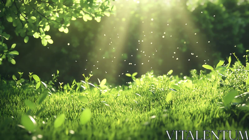 Backlit spring meadow with volumetric sunbeams and insects drifting