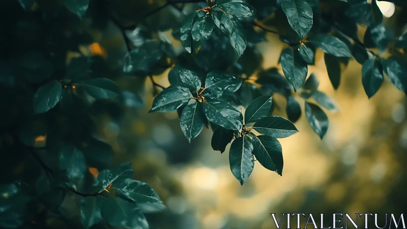 Close-up of Lush Green Leaves in Soft Natural Light, Moody Style.