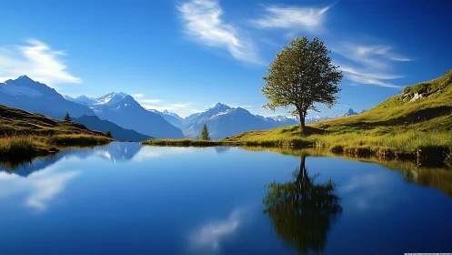 Solitary tree beside alpine lake with reflected mountains.