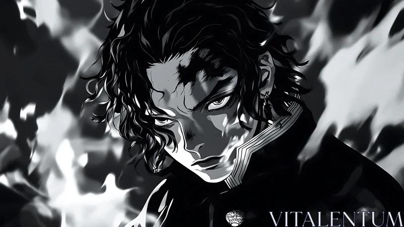 Intense anime hero framed by swirling monochrome flames.