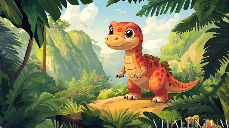 Digital painting of cute dinosaur in lush jungle environment.