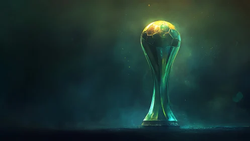 Glowing emerald football trophy in cinematic spotlight.