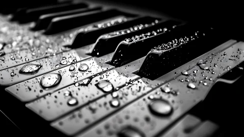 Rain-kissed piano keys glowing softly in monochrome light.