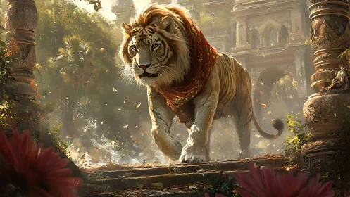 Tiger wearing red shawl walks through ornate jungle ruins