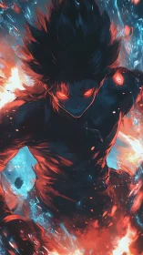 Bi-chromatic anime warrior engulfed in dynamic elemental flames