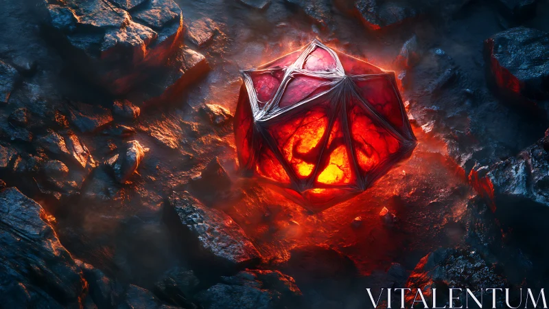 Molten red polyhedral core with organic lattice in volcanic stone