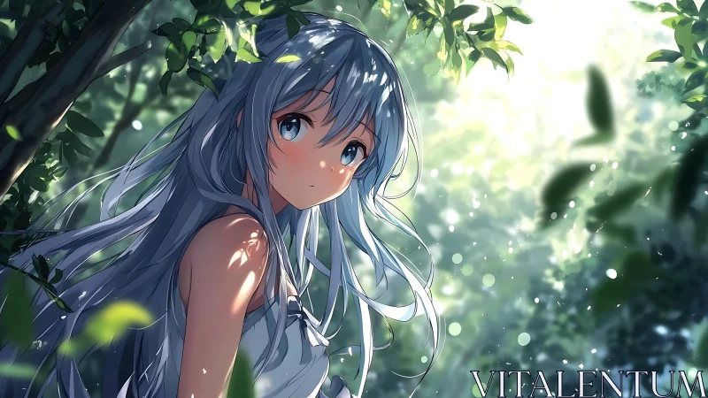 Silver haired anime girl in dappled forest light portrait.